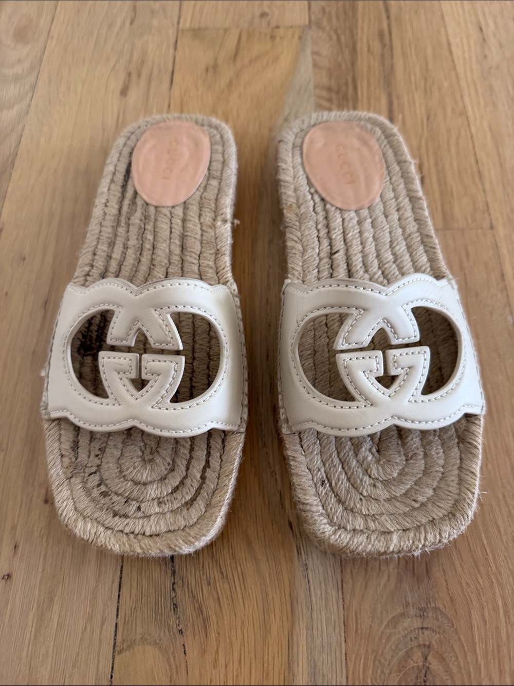Gucci Cream Leather Logo Espadrille Slide Mules